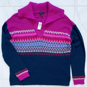 Talbots Loose Fit V-Neck Sweater in Pink and Navy with Metallic Details NWT